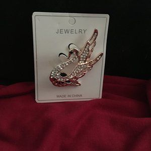CRYSTAL RHINESTONE w/BLACK STONE SWAN BROOCH